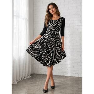 Taheri Zebra Print Dress Medium Black Gray Sheer Sleeve Fit Flare Knee Length